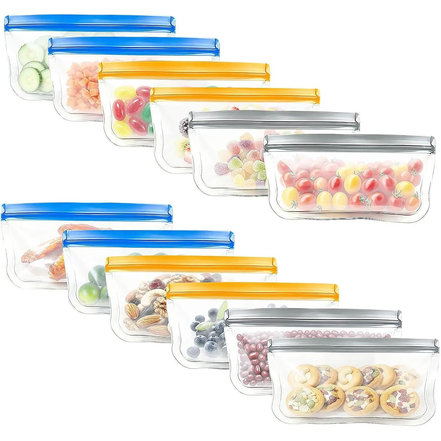 Silicone Freezer Bags, 12 Pack Leakproof Food Storage Bags Dishwasher Safe, Silicone Snack Bags Food Storage Containers for Meal Prep Containers, Salad Fruit, Vegetables, Home Organization