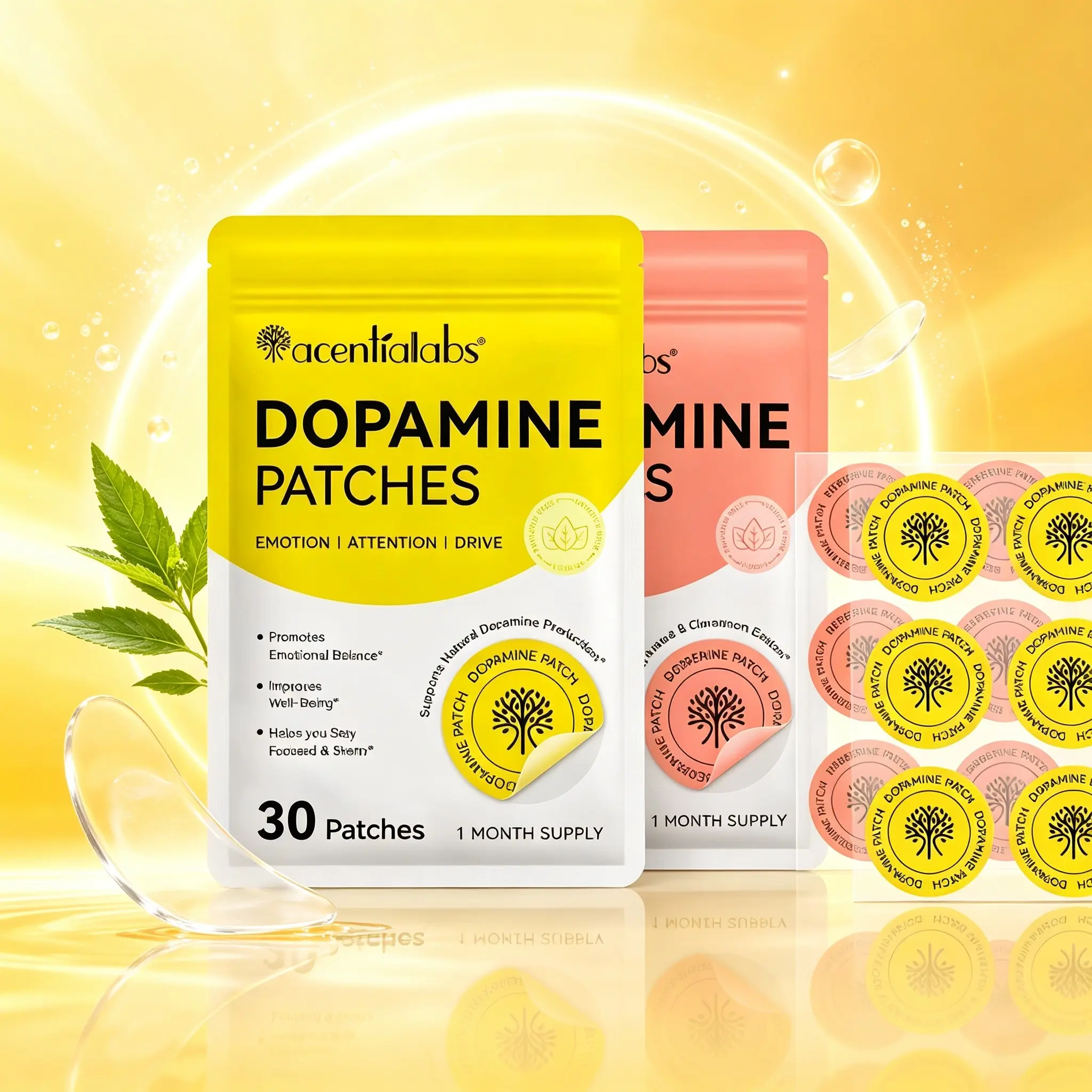 2-Pack Skin Care Patches, Acentiallabs Dopamine Patch 30pcs/bag + Berberine Patch 30pcs/bag, Biodegradable Materials, Stick Type