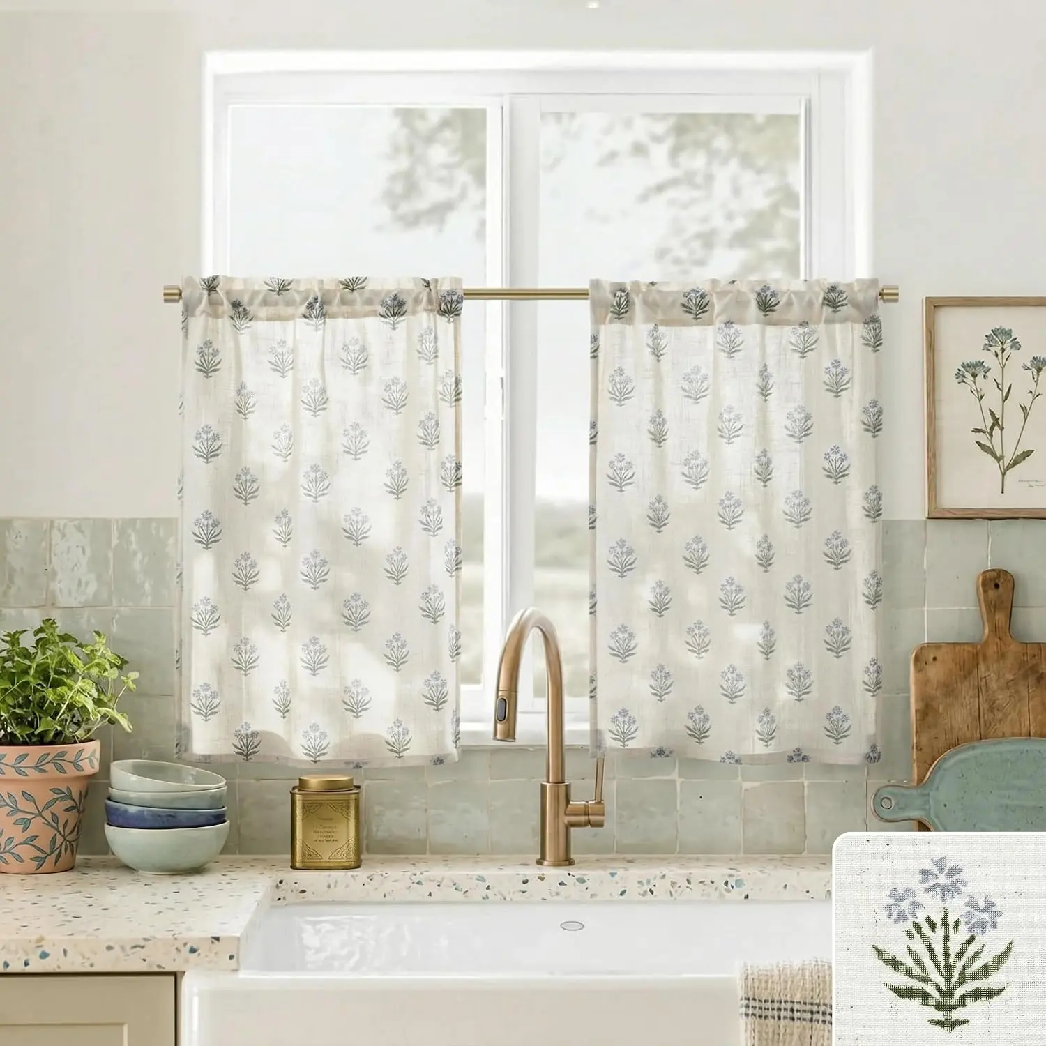 Kitchen Window Curtains Over Sink,Small Floral  Cafe Curtains 24 Inch Length Sets for Windows