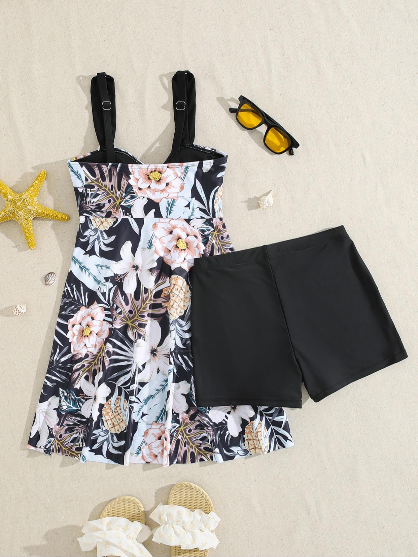 Women's Plant Print V-Neck Swimdress & Bottom Set, Casual Sleeveless Tankini Top & Shorts Two-piece Swimsuit for Beach Holiday Vacation, Ladies Swimwear for All Seasons, Floral Swimsuits Women's Plant Print V-Neck Swimdress & Bottom Set, Casual Sleeveless Tankini Top & Shorts Two-piece Swimsuit for Beach Holiday Vacation, Ladies Swimwear for All Seasons, Floral Swimsuits