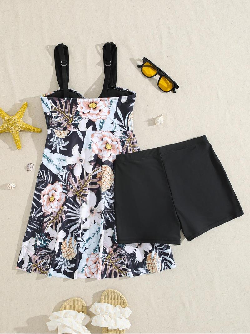 Women's Plant Print V-Neck Swimdress & Bottom Set, Casual Sleeveless Tankini Top & Shorts Two-piece Swimsuit for Beach Holiday Vacation, Ladies Swimwear for All Seasons Women's Plant Print V-Neck Swimdress & Bottom Set, Casual Sleeveless Tankini Top & Shorts Two-piece Swimsuit for Beach Holiday Vacation, Ladies Swimwear for All Seasons