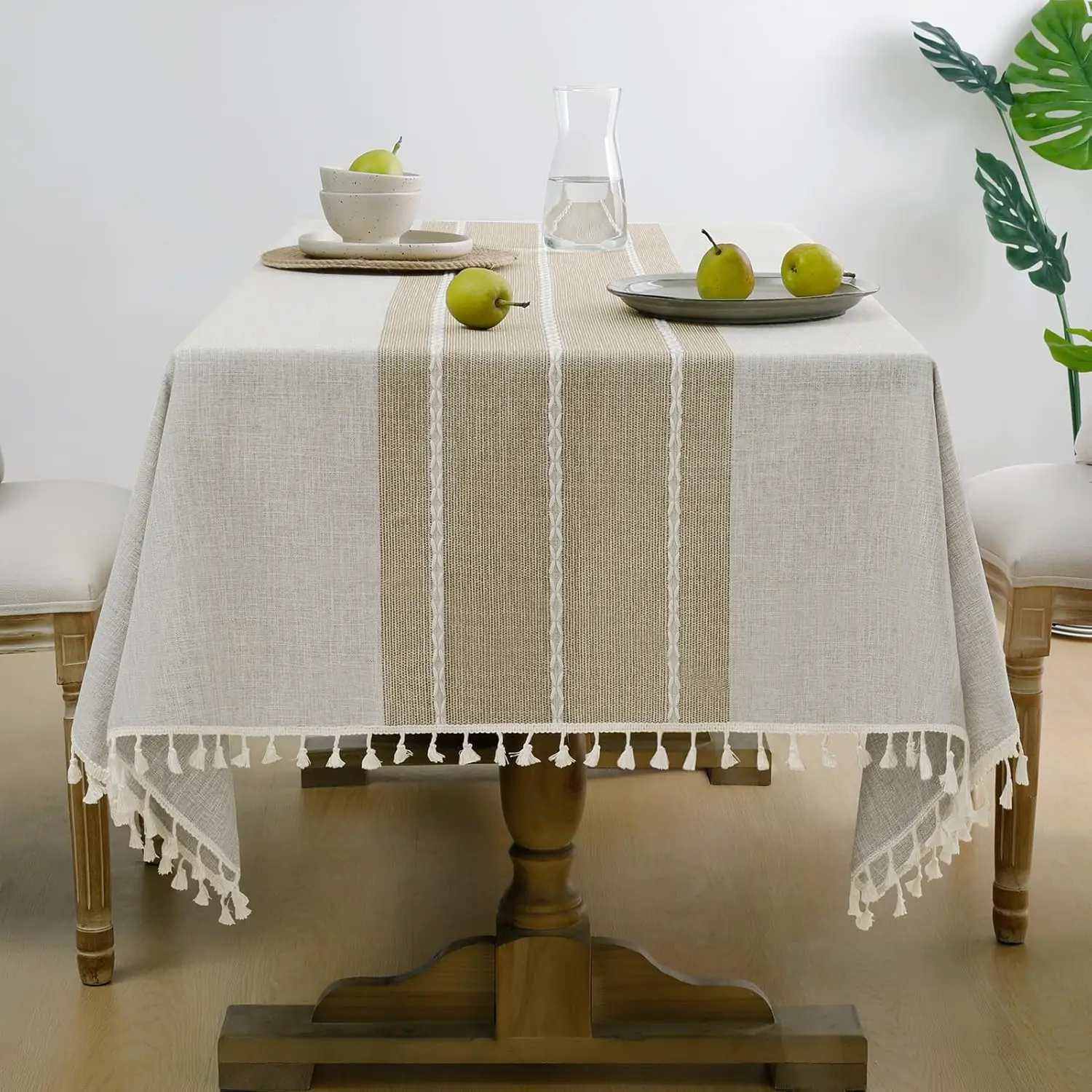 Outdoor Linen Tablecloth Rectangle, Waterproof Cotton Boho Farmhouse Table Cloths with Tassel, Heavy Weight Wrinkle Free Table Cover for Picnic Camping Dining - 55 x 70 Inch, Coffee Lines