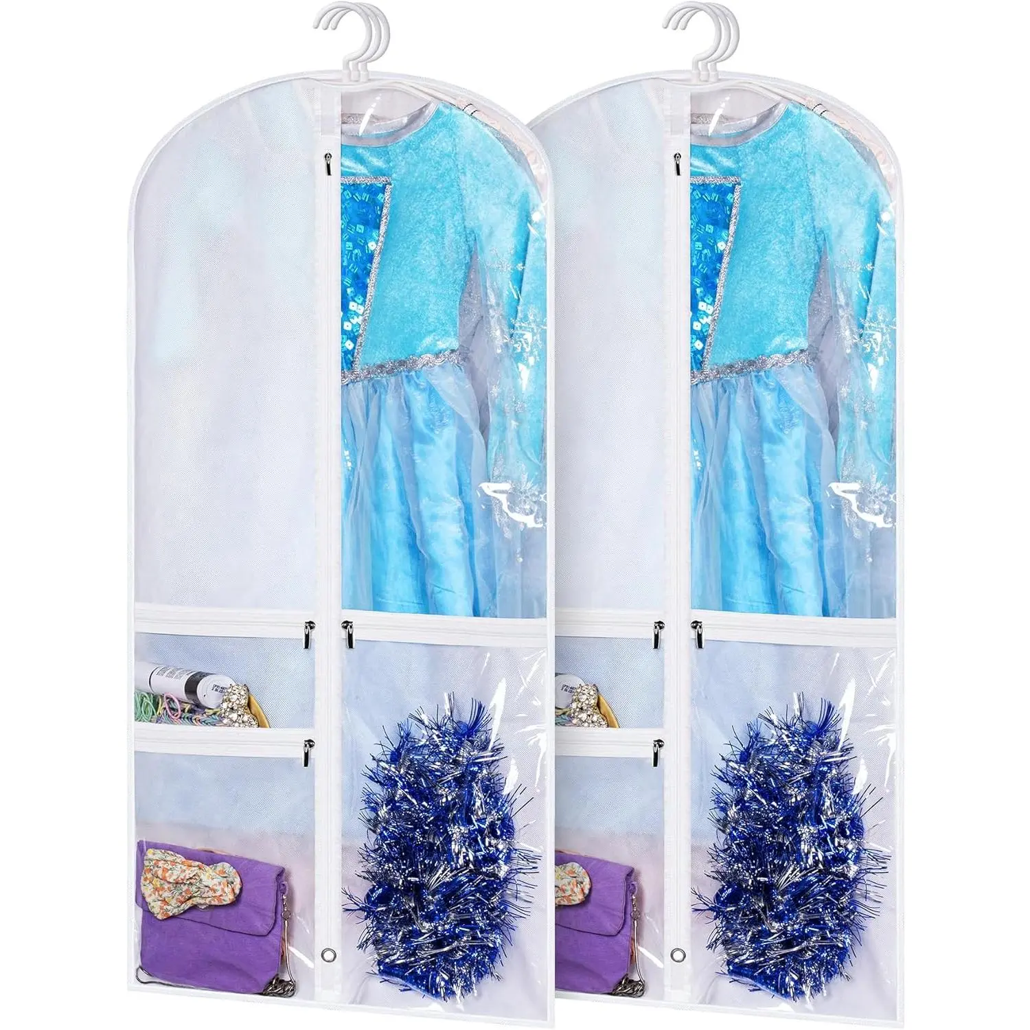 Costume Dance Garment Bag with 3 Clear Zipper Pockets for Suits Dress Cover, Travel & Competitions Protector, Set of 2