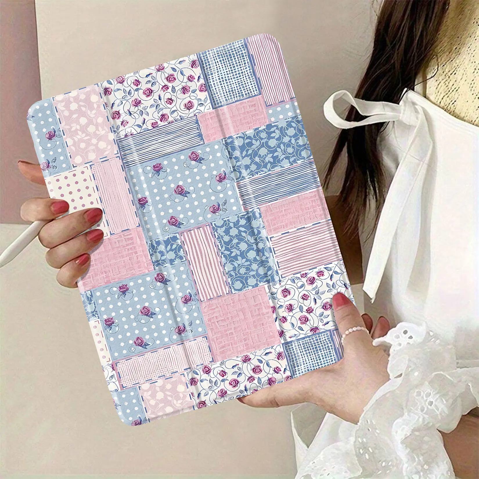 Pastel Quilted Fabric Patchwork - Floral & Polka Dot Patterns, Versatile for Various Uses in Crafters' Sewing Projects & Tablet Case Home Decor Enhancements, Versatility For Various Uses