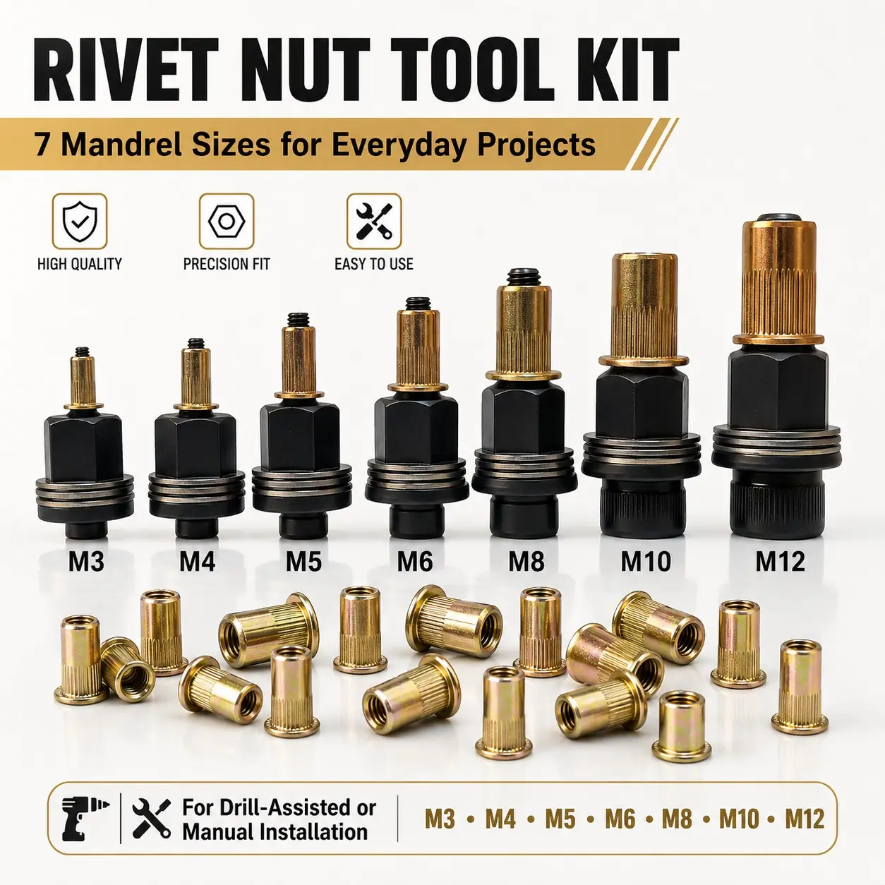 1 Set Rivet Nut Tool Kit, M3 M4 M5 M6 M8 M10 M12 Mandrel Heads with Hex Driver Bits, Carbon Steel Rivet Nut Adapters for Drill, Sheet Metal, Automotive, Furniture and DIY Repair