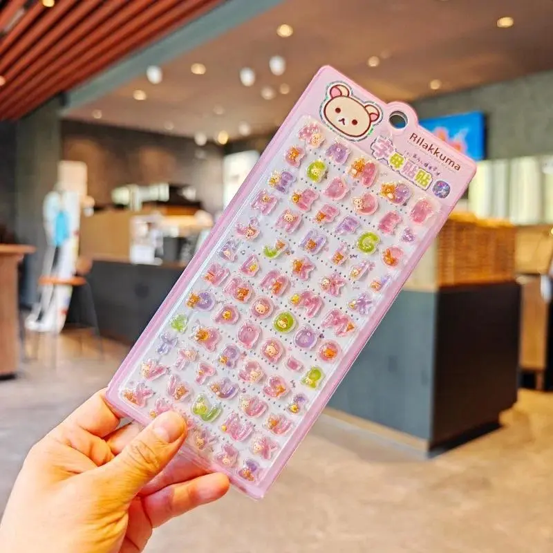 1-2pcs Kawaii Rilakkuma 3D Crystal Relief Letter Stickers, DIY Sticker Paper for Phone Decor, Student Scrapbooking & Stamping Stationery