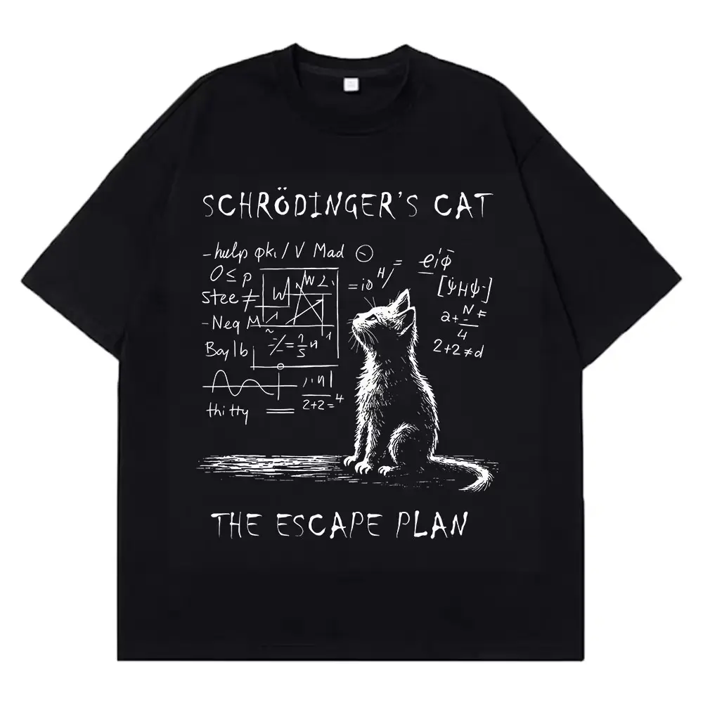 Unisex Schrodinger's Cat Physics Quantum Mechanics Creative Print Cotton T-Shirt - Menswear, Round Neck, Short-Sleeve, Vintage, Loose Streetwear, Holiday Casual Top, S-3XL, 90s Graphic, Outdoor Fun, Shortsleeve, Graphic Tee, Pure Cotton