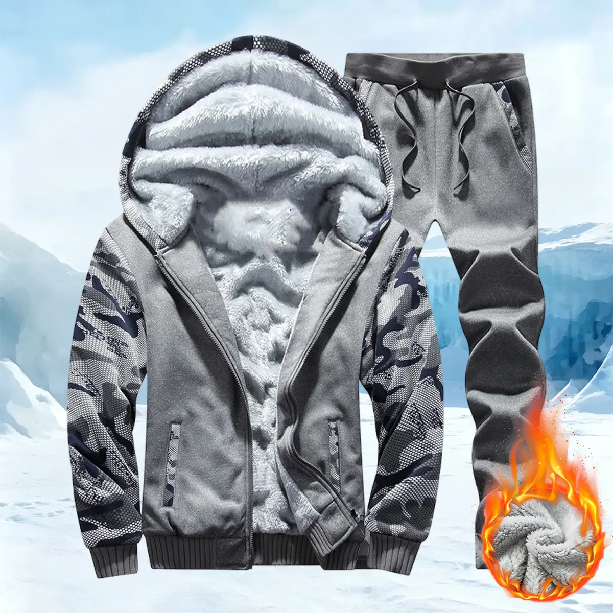 Men’s Sherpa Fleece Lined 2 Piece Tracksuit, Full Zip Hooded Jacket & Drawstring Jogger Pants, Camo Spliced Thermal Outfit Set, Wind Resistant, Heavyweight Warm Matching Suit, Thermal Insulated Winter Outfit, Cold Weather Casual & Outdoor Ski Daily Wear
