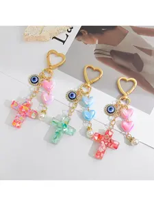 3pcs Confetti Filled Resin Cross Charm, Single Pearl Evil Eye Clasp, Viral Backpack Ornament