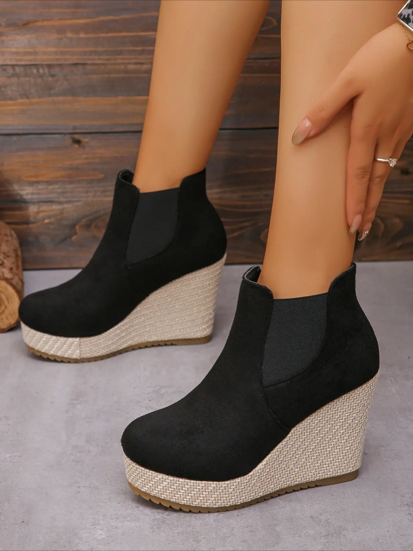 Straw wedge ankle boots with side zipper and buckle high platform multi-color vintage casual women short boots