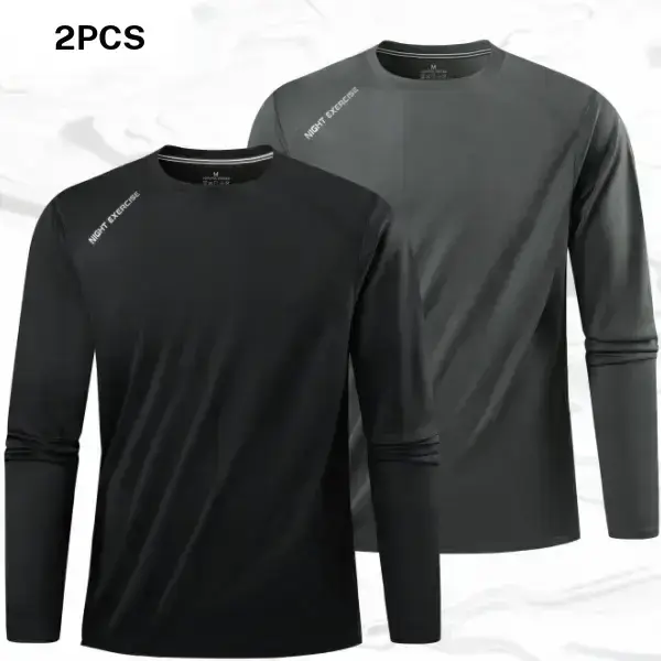 Two piece men's long sleeve top with front and back letter print, quick dry fabric. Casual sporty style, snug fit for mild weather. Quick dry fabric breathes and wicks away sweat, providing a comfortable and non restrictive fit. Suitable for men who enjoy