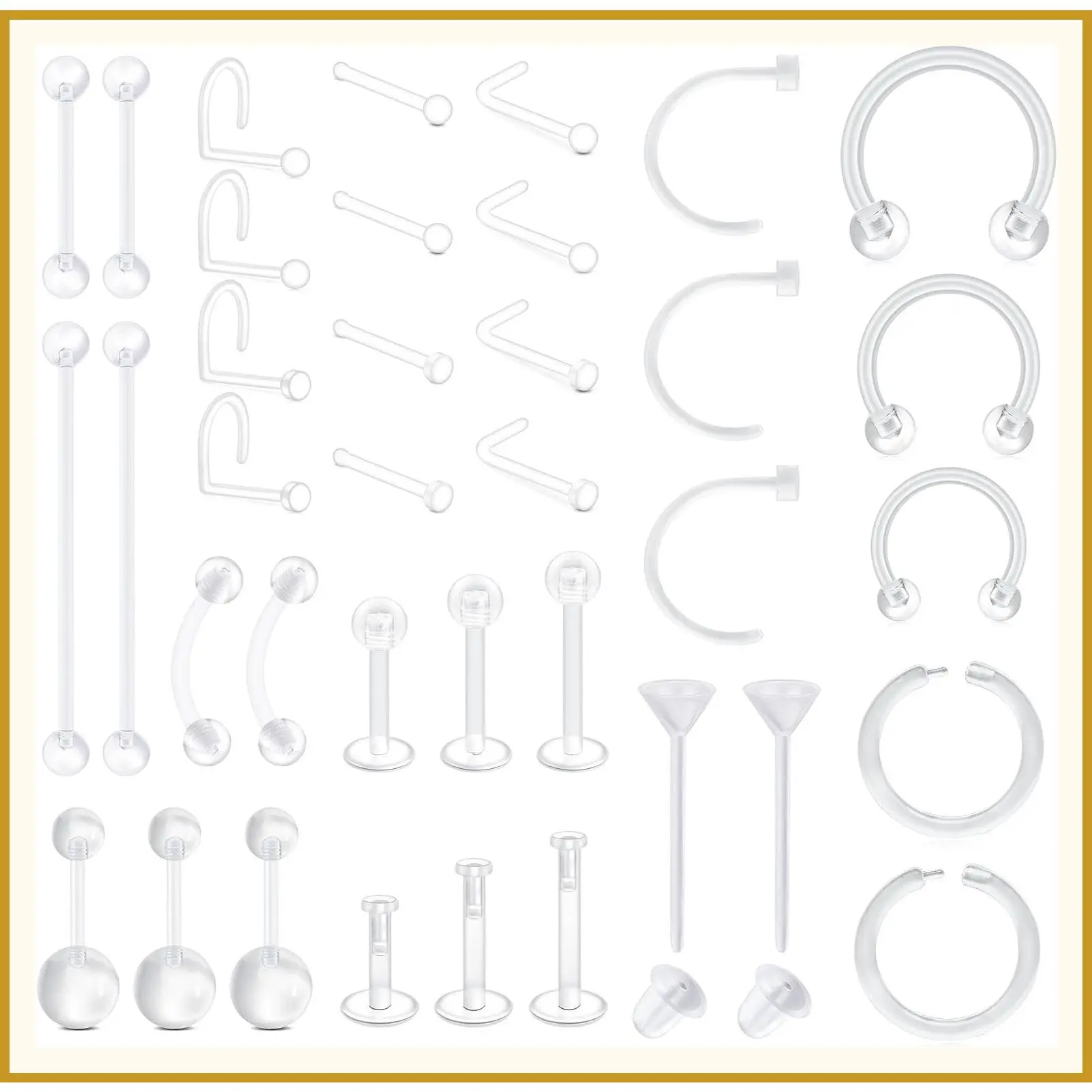 37PCS Clear Piercing Retainers For Work, Bioflex Plastic Nose Rings Studs Belly Rings Septum Eyebrow Lip Cartilage Tragus Earring Retainers Industrial Bar Piercing Jewelry