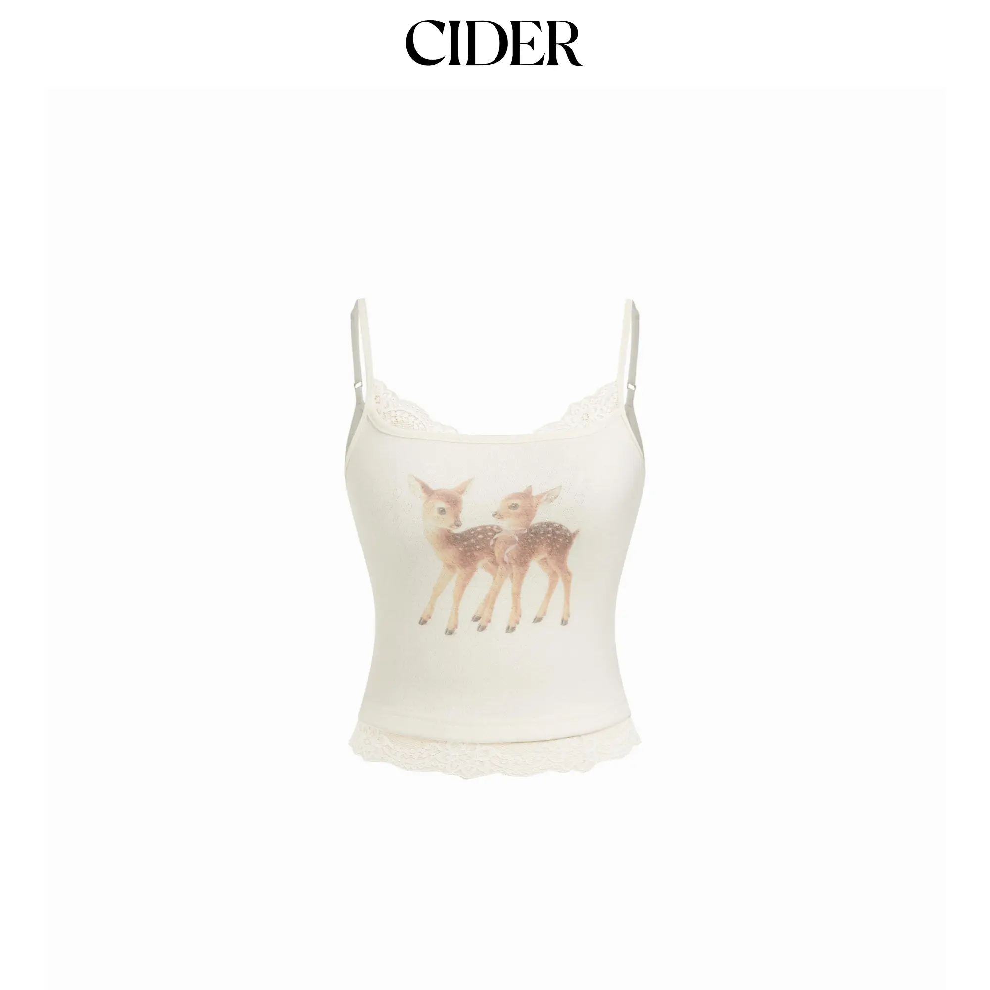 Cider Round Neckline Deer Graphic Lace Trim Cami Top SummerWins SummerFinds
