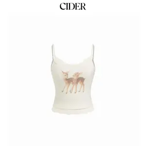 Cider Round Neckline Deer Graphic Lace Trim Cami Top SummerWins Dealsforyou