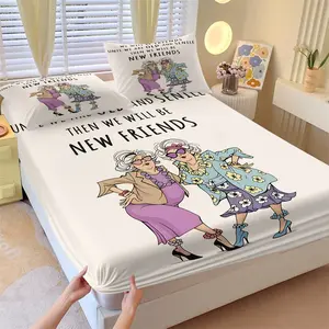Humorous Elderly Bestie Cartoon Fitted Sheet Set and 2 Pillowcases, Cartoon Illustration of 2 Stylish Silver-Haired Grandmothers on Off-White Base, Soft Breathable Deep Pocket Design, Fun Bedroom Decor Gift for Best Friends