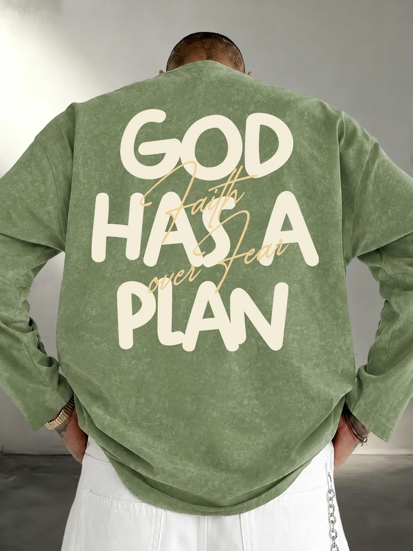 Men Vintage Washed Crew Neck Long Sleeve Sweatshirt, Front Back God Has A Plan Faith Over Fear Letter Print Soft Loose Faith Streetwear For Christian Daily Casual Inspirational Outfit #FaithGraphicSweatshirt #VintageLongSleeve #ChristianStreetwear