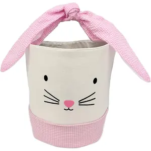 Easter Bunny Canvas Basket, Easter Egg Basket, Bunny , White with Gingham , 8x10 Inches, Foldable Tie Handle ()