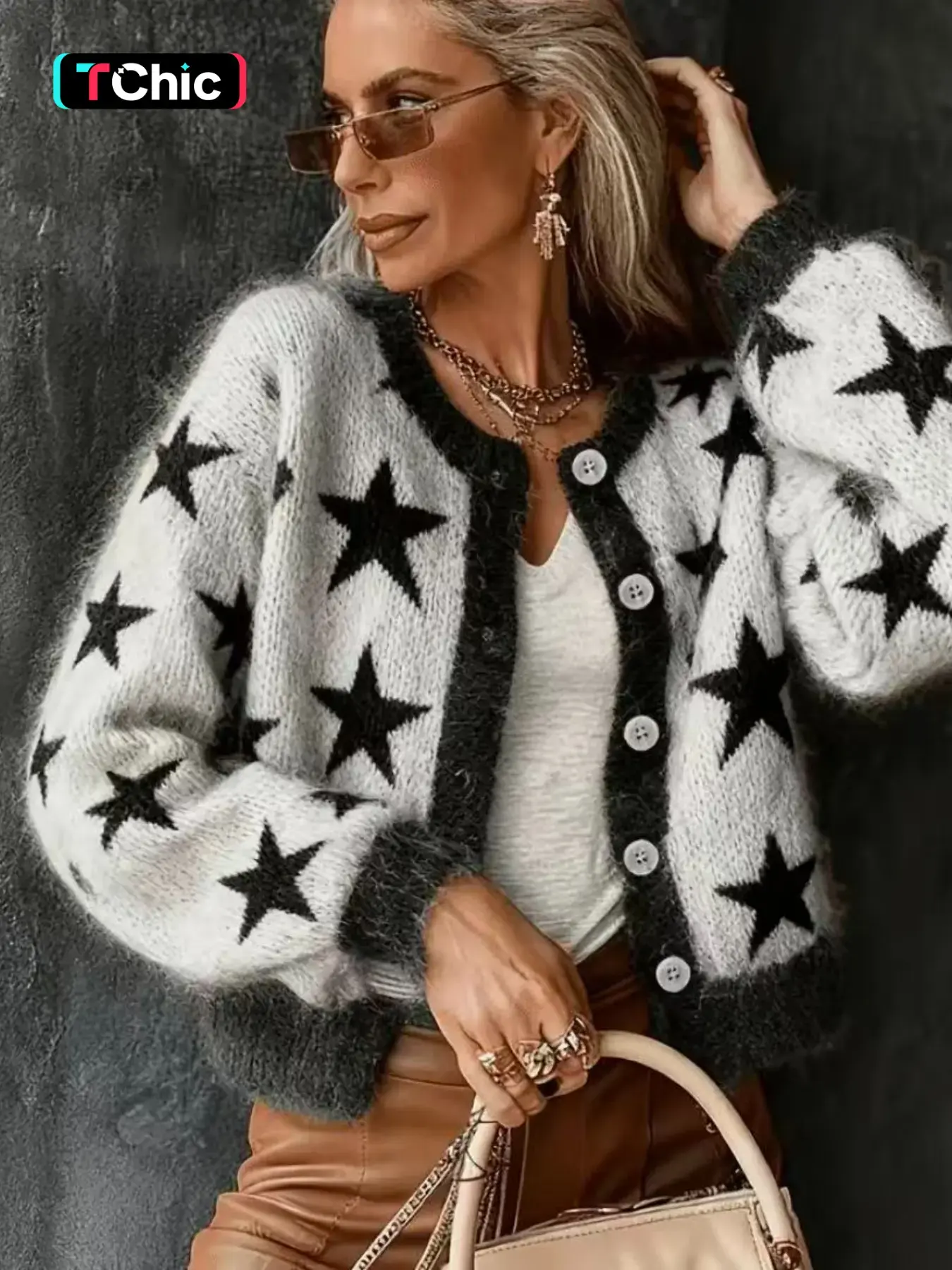 Women's Colorblock Star Knit Cardigan, Button Fall Winter New Arrival, Elegant and Youthful, Casual Fashion Long Sleeve Top, Round Neck Sweater Jacket