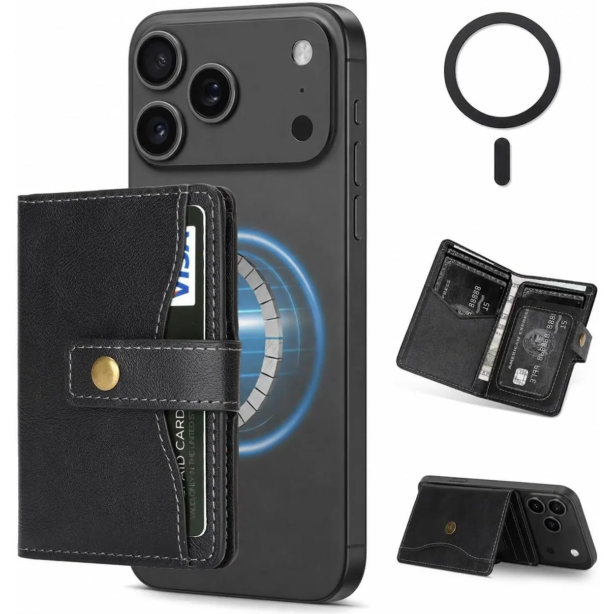 Wallet Compatible with MagSafe,RFID Blocking PU Leather Card Holder,4 Card Slots, Pocket,Photo ID Window,Snap Button, Ring Included,Compatible with &Android Cases,Black
