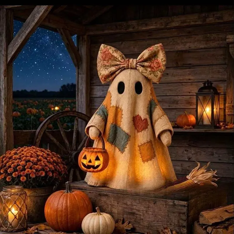 Patchwork Ghost Figurine Halloween Resin Statue Light Up Ghost Ornament Pumpkin Bucket Ghost Tabletop Decor Spooky Cute Halloween Home Shelf Decoration 3 x 4 Inch