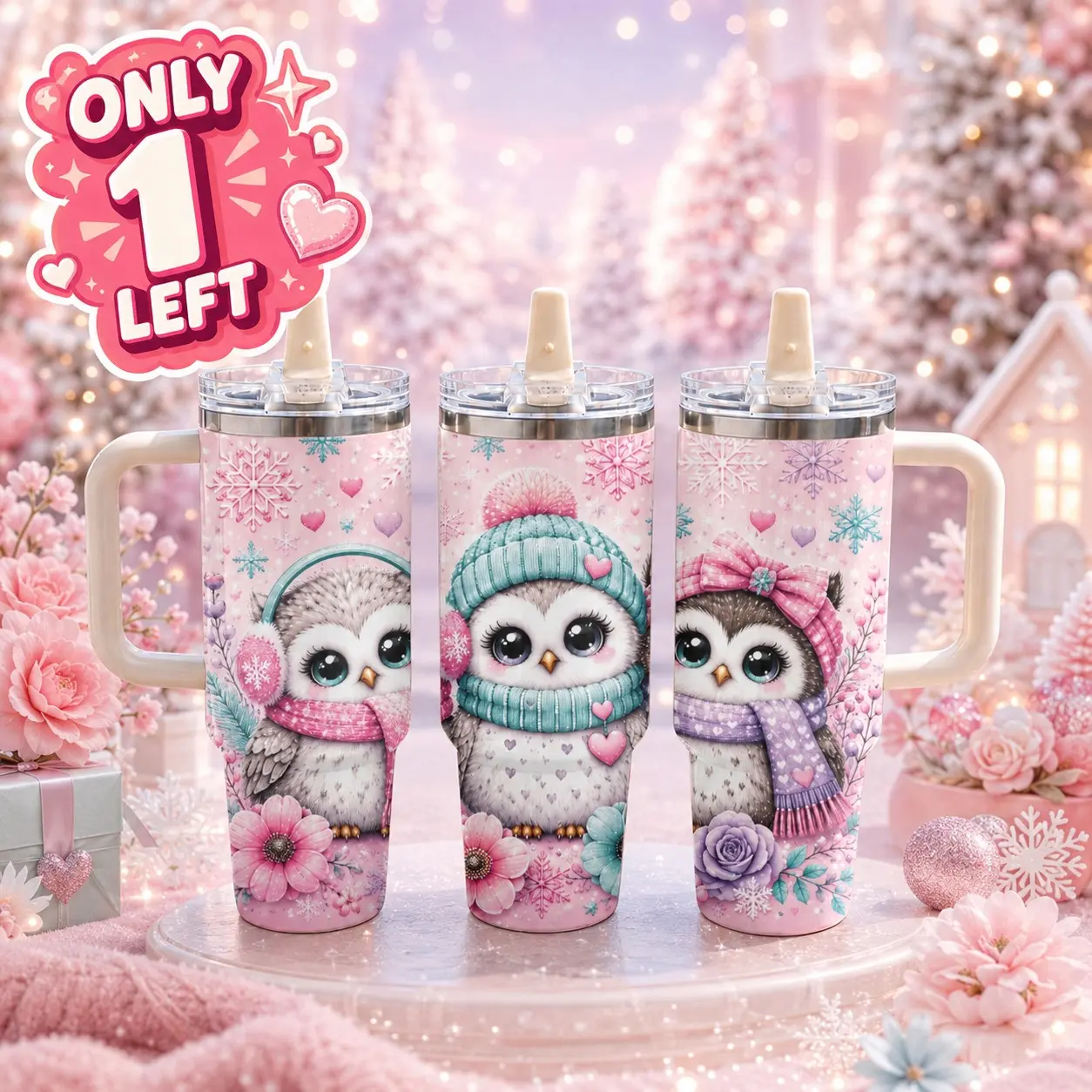 Cute Pink Penguin 40oz Tumbler with Handle and Straw Lid, Kawaii Winter Penguin Design Stainless Steel Insulated Travel Mug, Leakproof Double Wall Vacuum Water Bottle, Aesthetic Coffee Cup for Women, Car, Office, Gym & Gift