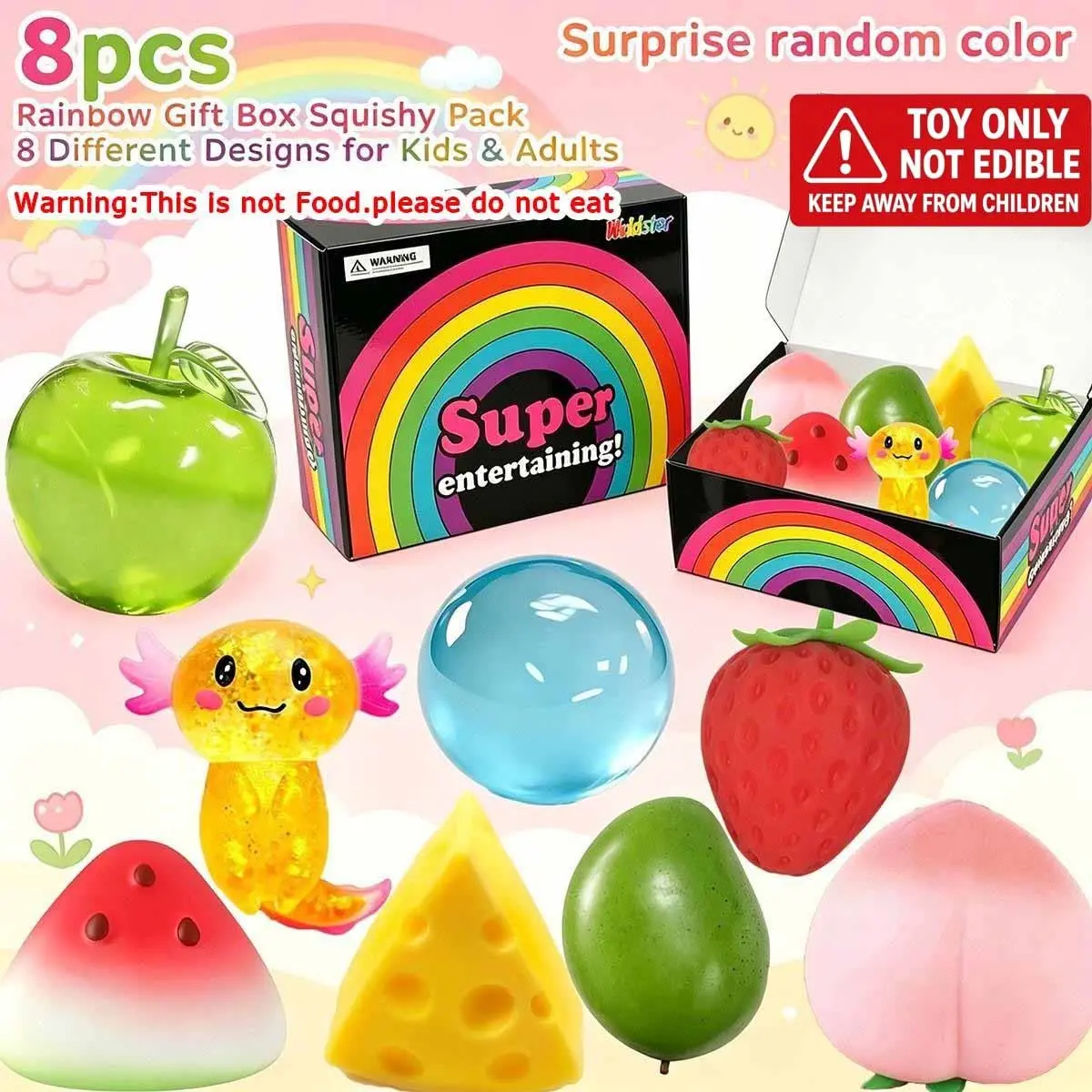 Rainbow Gift Box Fruit & Animal Kawaii Squishy Toy Set 8 Pack, Soft Transparent & Solid Squeeze Toys, Portable Anxiety Relief Sensory Fidgets, Stress Relief Squishy, Ideal Surprise Gifts for Kids & Adults