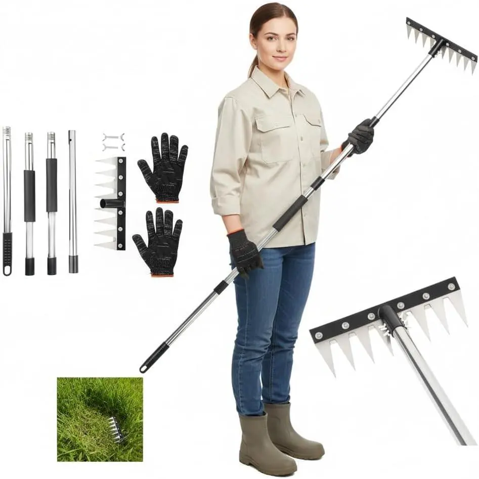 Iron Weeding Rake with Long Handle, Stainless Steel Weeding Tool with  , Upgraded 8  Weed Puller Tool, 4-Section Detachable Handle for Effortless Gardening, Yard Work & Weed Removal