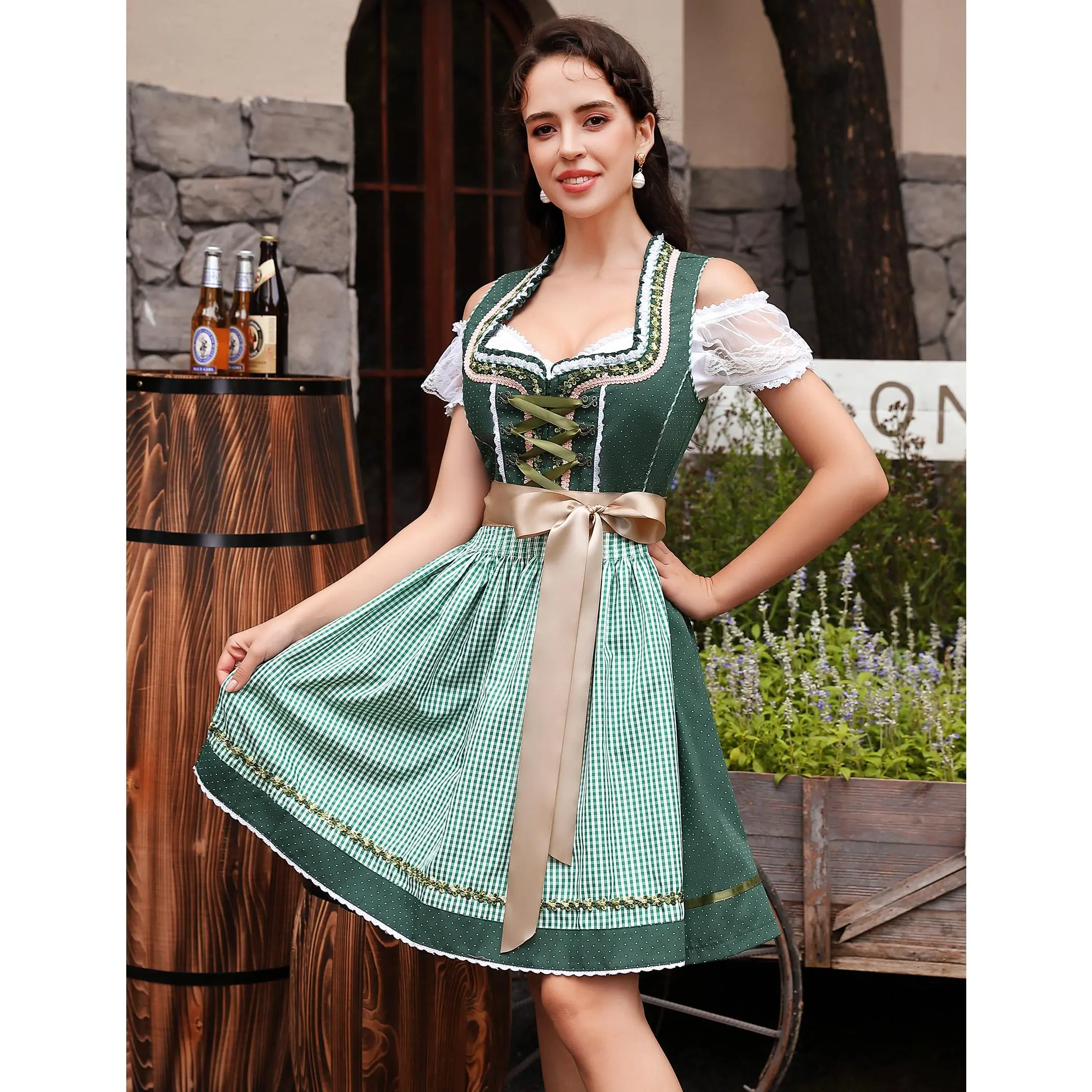 YF Women's 3 Piece Oktoberfest Dirndl Dress Set Green Plaid Polka Dot Bavarian Beer Maid Costume Off Shoulder Lace Top with Apron for Halloween Festival Party Cosplay Events