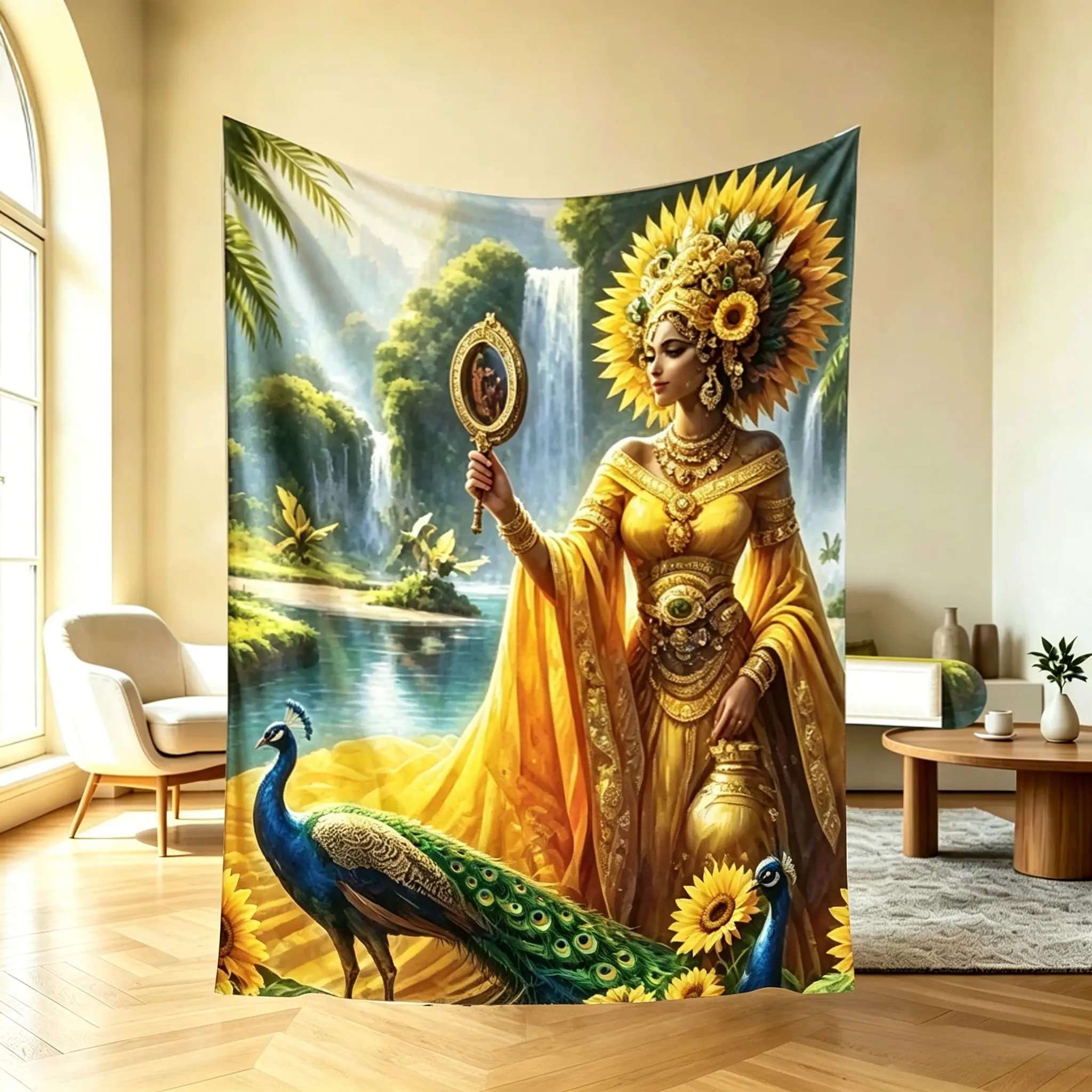 Orisha Oshun Sunflower Peacock Throw Blanket, African Goddess Waterfall Art Flannel Blanket, Spiritual Decor Blanket, Golden Yellow Goddess Tapestry Blanket For Bedroom Sofa Home Decor