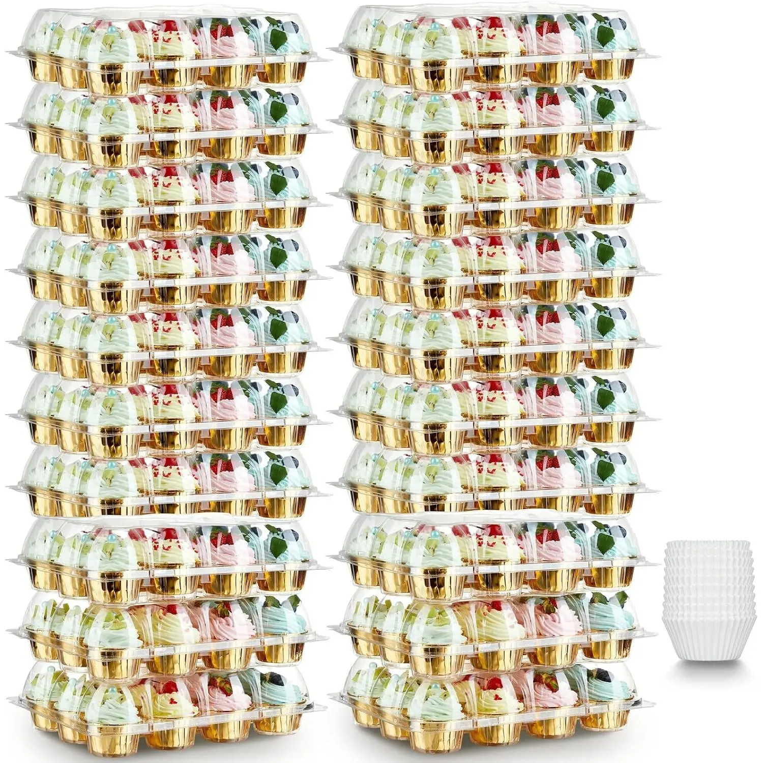 (12 Pack x 20 Sets) Stackable Cupcake Carrier with 240 Pack Liners, Plastic Cupcake Boxes Holders for 12 Cupcakes, High Tall Dome Lid Cupcake Containers, Clear Disposable Cupcake Trays