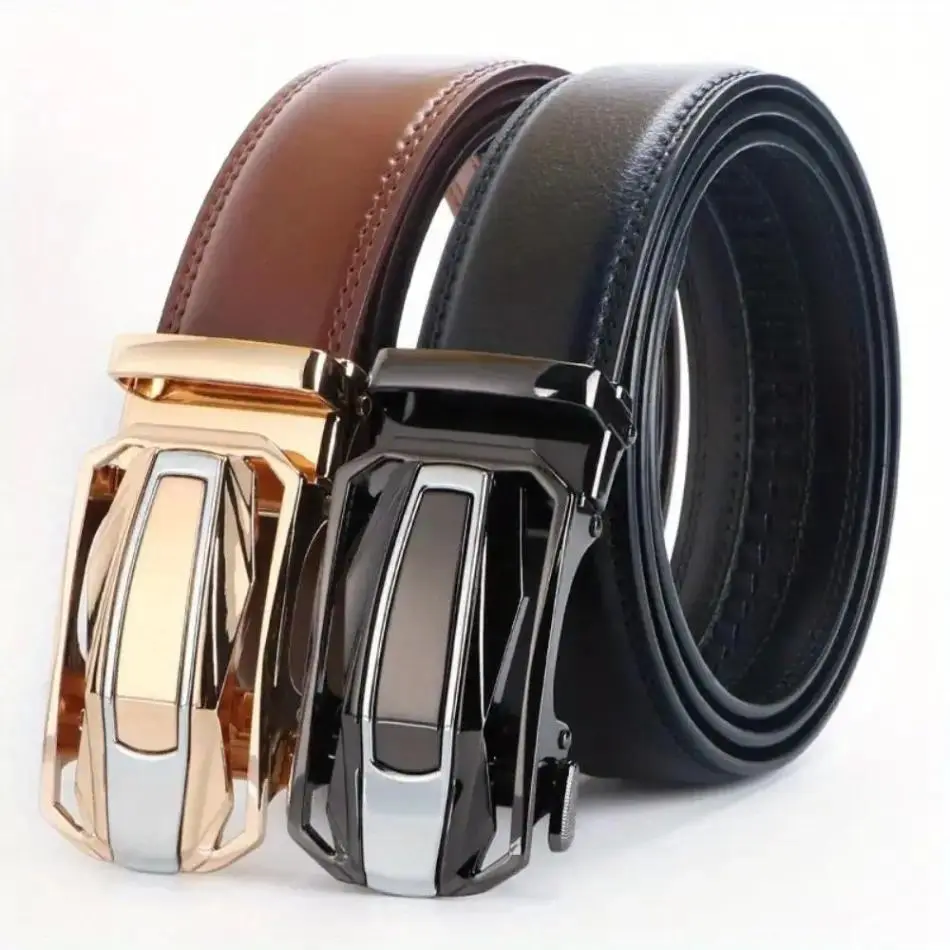 2Pcs Genuine Leather Ratchet Belt for Men, Adjustable Automatic Alloy Buckle Belt, Durable High-Quality Leather Strap, Versatile Casual Business Waist Belt, Perfect for Daily Work Formal Occasions, Ideal Valentine's Day Gift for Men