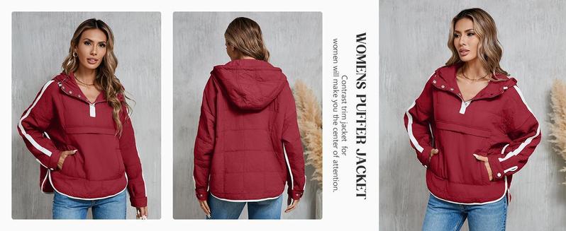 Imily Bela Womens Puffer Pullover Jacket Winter Quilted Hoodies Contrast Trim Hooded Puffy Coat Outerwear with Pockets