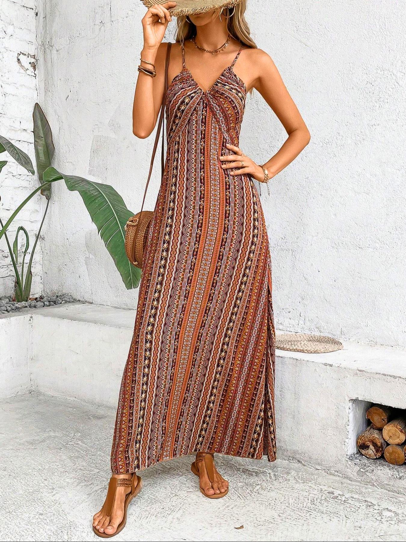 Women's Printed Split Long Sleeveless Dress, Classic Stripe Design, Backless Criss Cross Strap, Spring Summer Fall Wear, Casual Boho Elegant Bohemian Style Womenswear, Boho Summer Dresses Women's Printed Split Long Sleeveless Dress, Classic Stripe Design, Backless Criss Cross Strap, Spring Summer Fall Wear, Casual Boho Elegant Bohemian Style Womenswear, Boho Summer Dresses