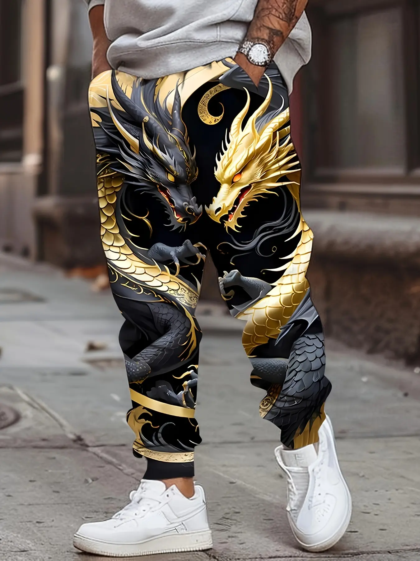 Men'S 3D Dragon Jogging Pants With Drawcord And Pocket - Casual Elastic Polyester Sweatpants Chinese Dragon Fashion Design