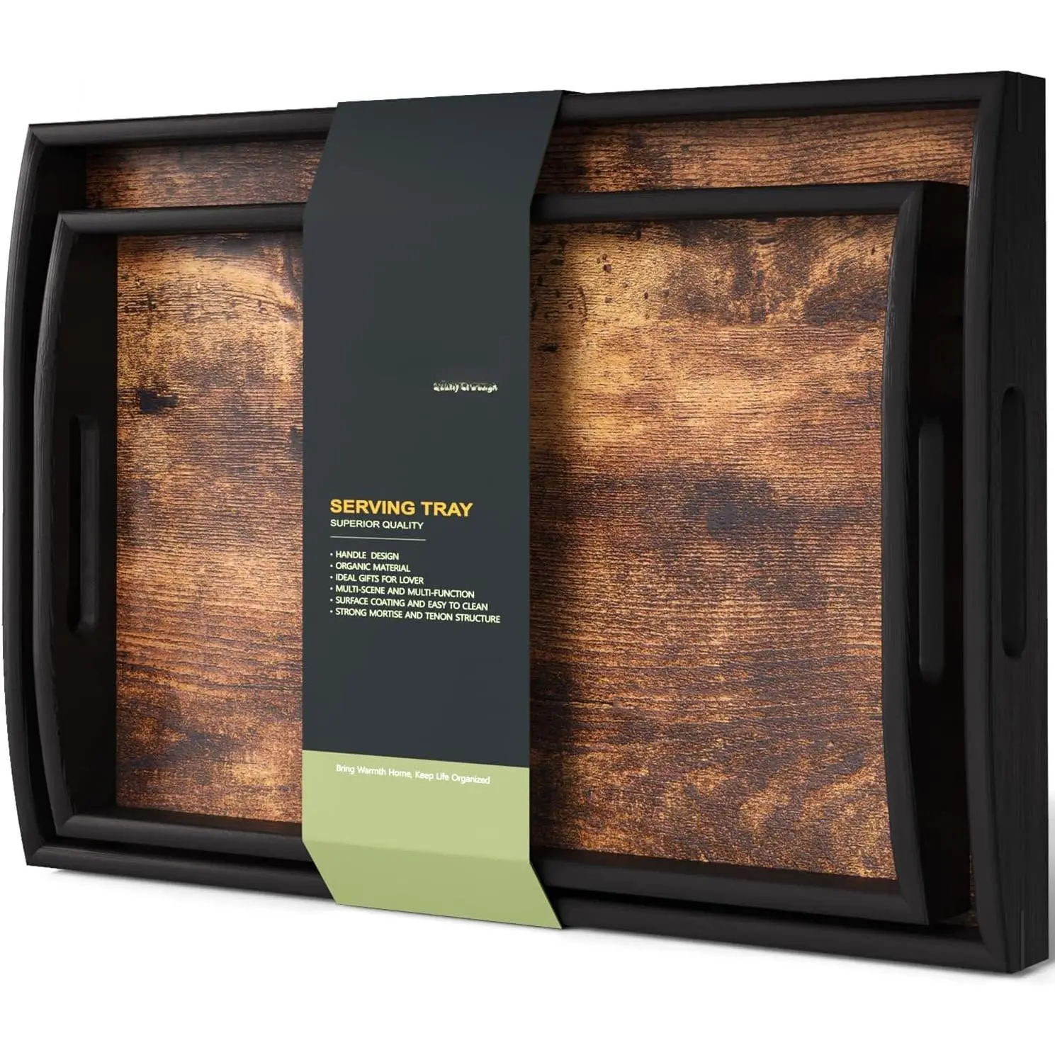 Wooden Set of 2 Serving Tray with Handles,Large & Small  Serving Trays for Coffee Table, Kitchen Counter, Breakfast, Party, Decorative Trays for Eating, Ottoman, Bathroom