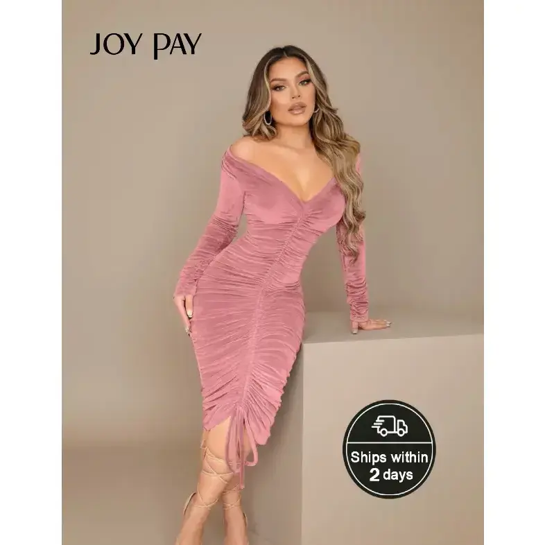 Women's Formal Sheath Dress - Off-the-Shoulder Long Sleeves, Pleated, Drawstring, Soft Knitting Plain Fabric, Light Feminine Chic Stylish Women's Wear for Parties, Dinner, Longsleeves