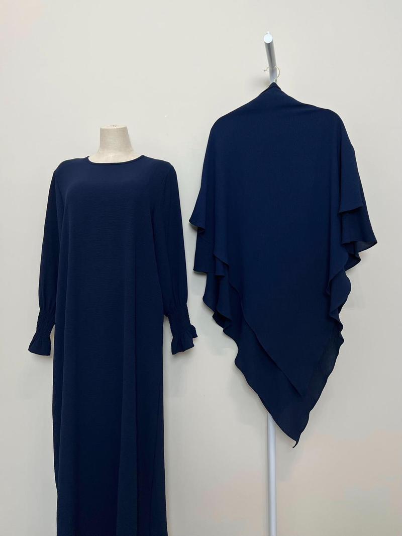 Women's 2-Piece Solid Color Long Sleeve Dress & Hijab Set, Modest Outfit for Daily Wear, Women's Islamic Clothing for All Seasons, Abaya Hijab Set