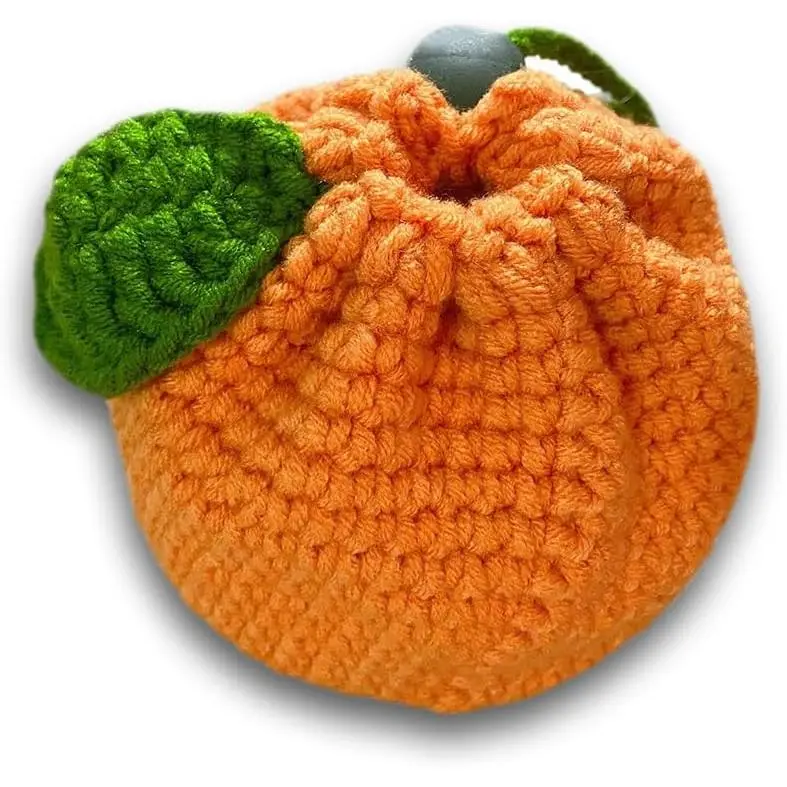 Cute Tangerine Shaped Small Storage Bag, Crochet Drawstring Bags, Mini Handwoven  Handbag,  Purse Pouch, Orange Knitting Change Wallet, Earbuds Protective Case,   for Women Girls