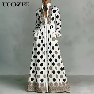 UOOZEE Women's New 2026 Bohemian Polka Dot Slim Fit Big Hemline Puff Sleeves Stand Collar Maxi Dress, Tribal Print Long Sleeve Button-Front Dress with Pockets, Vacation Shirt  Dress, Tall Length (Ladies with C - Cup and Above Need To Order Two Size Up)