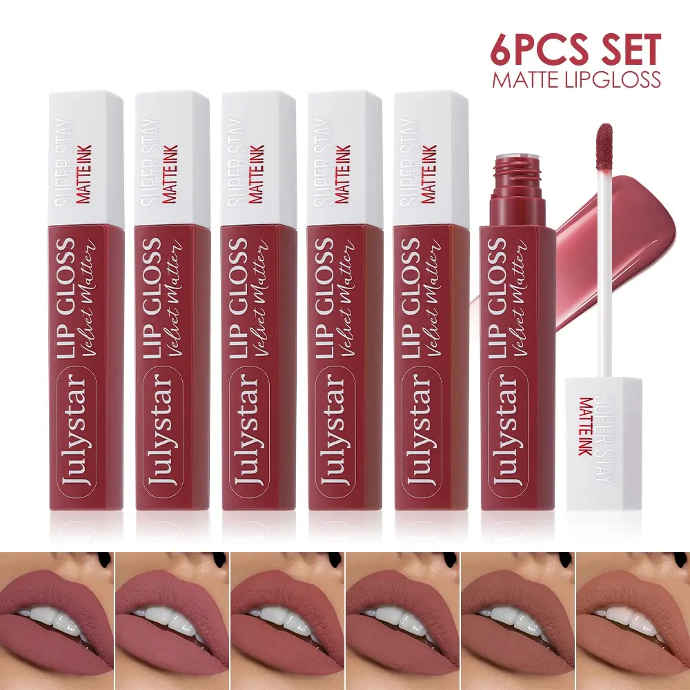 6 Pack High Pigment Soft Velvet Lip Gloss, mild non-irritating for sensitive lips, waterproof anti-fade all day, neutral shades create gentle low saturation lip makeup