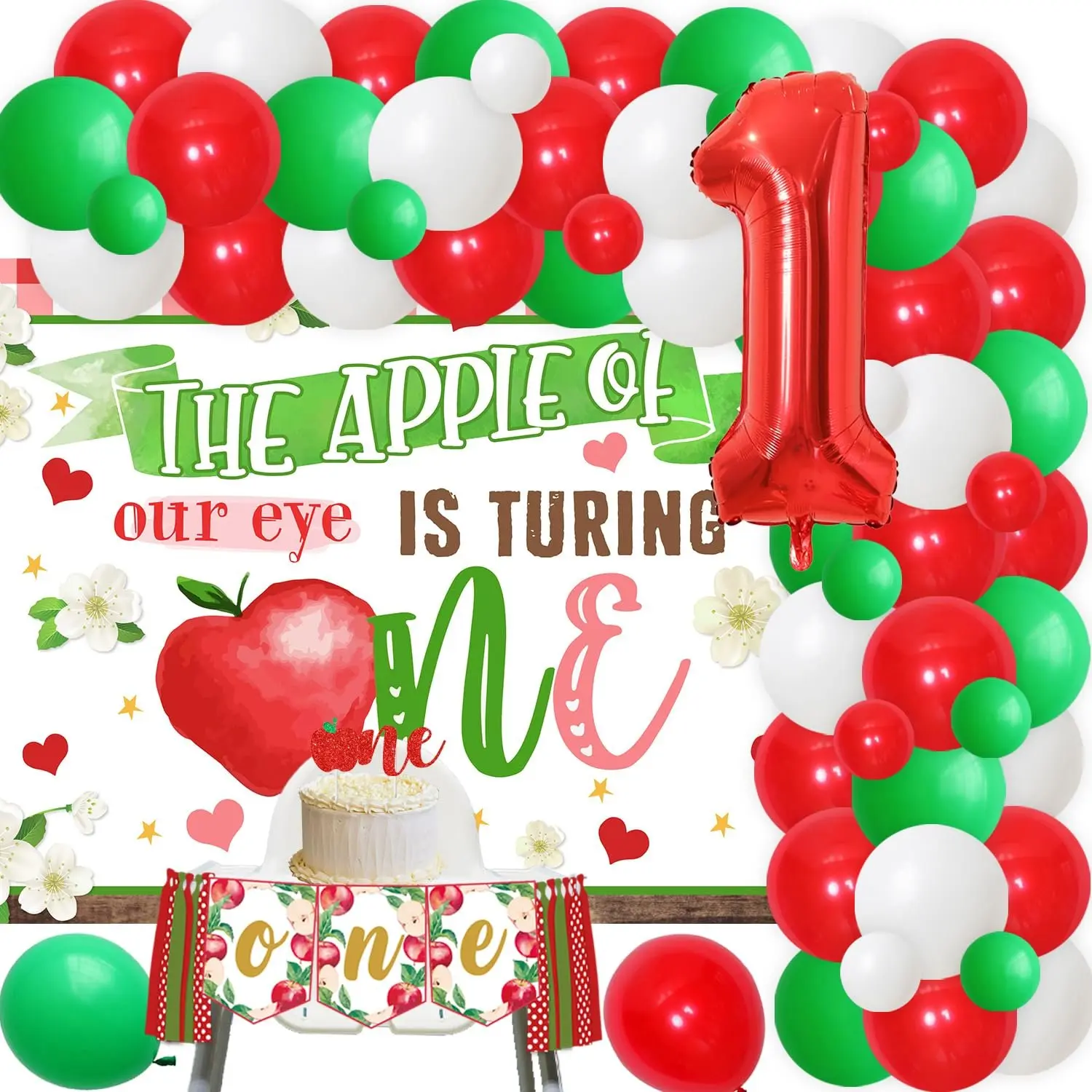 1Set Apple Themed 1anniversary Birthday Party Decorations with the Apple of Our Eye Is Turning One Backdrop High Chair Banner Apple Cake Topper for Baby Shower Fruit 1anniversary Birthday Party Supplies