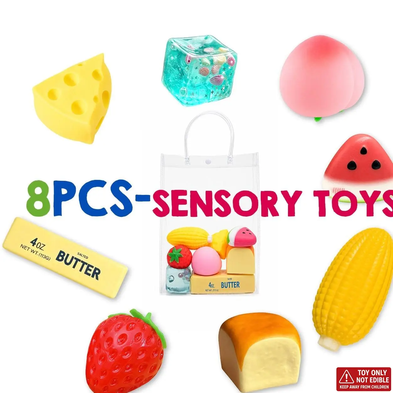 8-Piece Cute Realistic Food Squishy Toy Set, Ultra Soft Slow Rebound Fruit Sensory Stress Relief, Strawberry Peach Butter Anxiety Relief Gift, Calming Fidget Set, Soft Squeeze Squishies