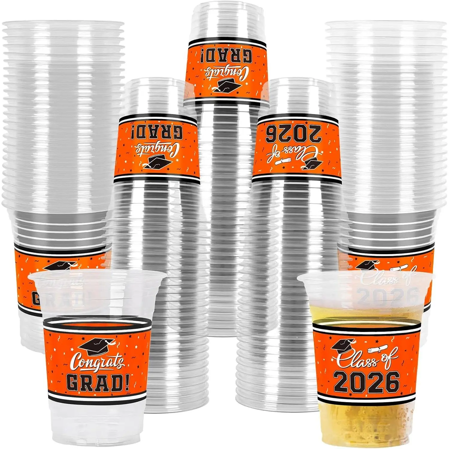 Disposable 16oz Orange Sturdy Plastic Graduation Cups - Class of 2026 Slogans, 100 Pcs, Essential Grad Festivities Party Supplies & Decorations