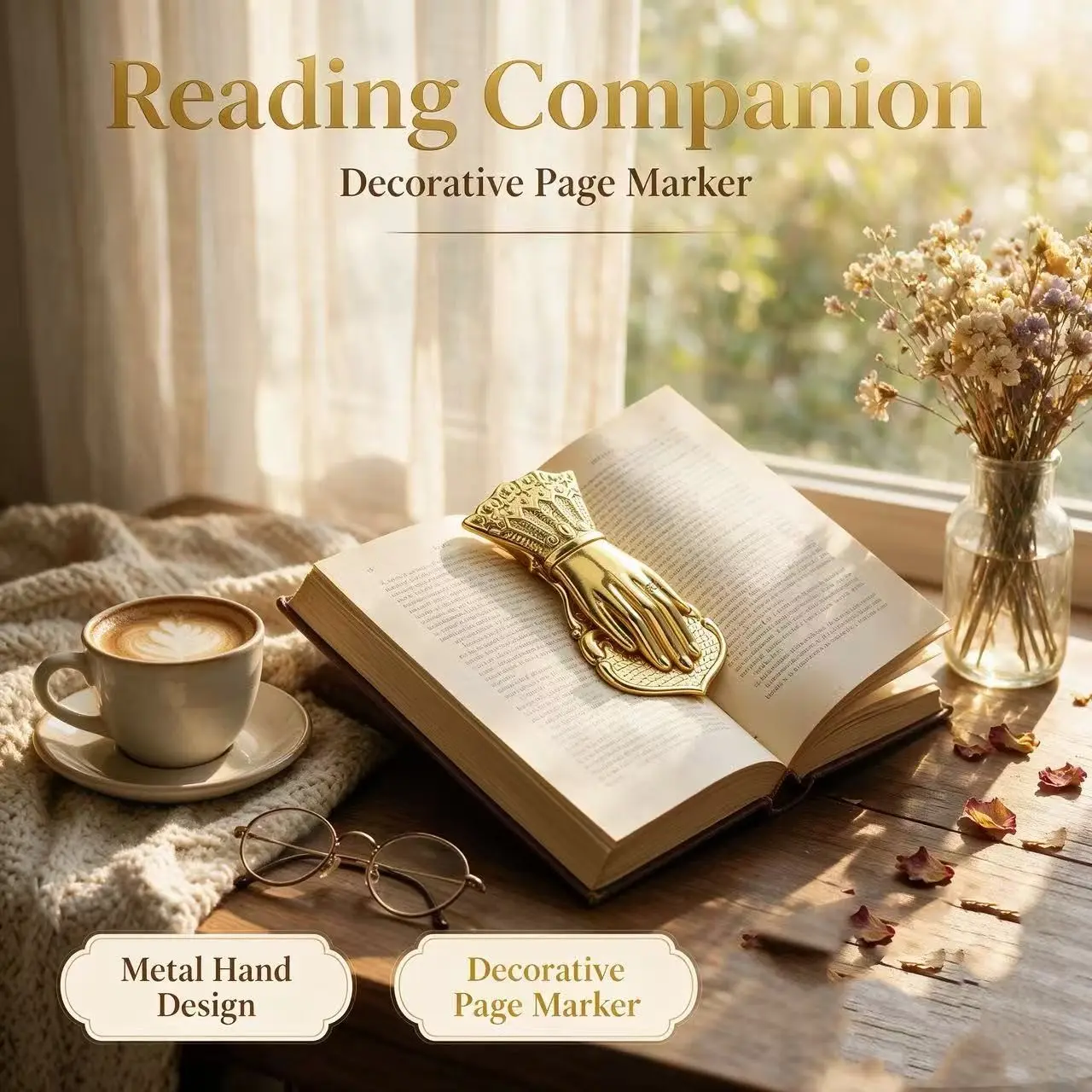 Golden Bookmark, Vintage Hand Shaped Clip, Metal Plated, Ideal for Girls, Sisters, Friends, Men, Women, Perfect Gift