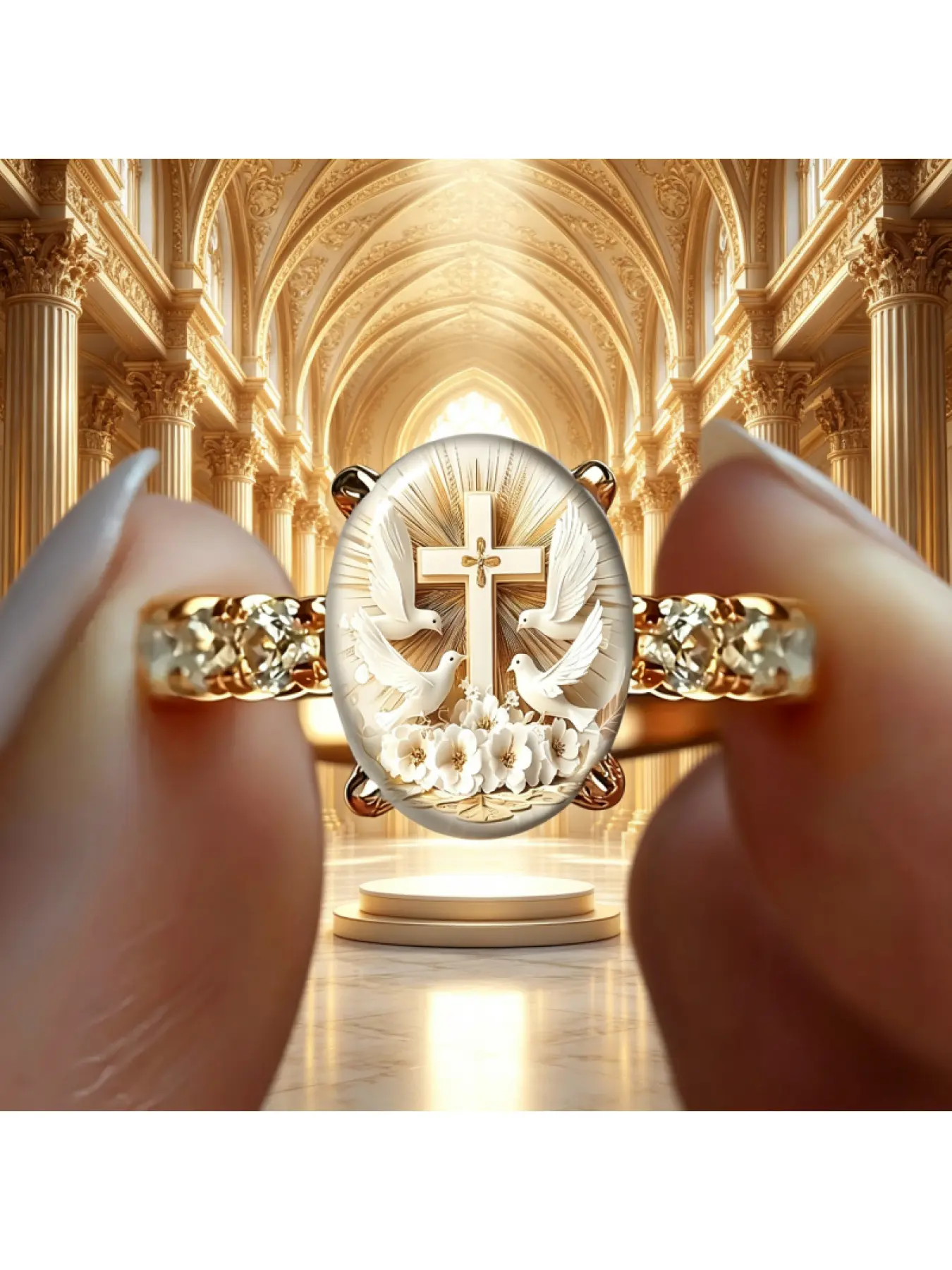 Holy Light Cross Peace Dove Printed Gold Ring, Diamond-encrusted Ring Arm Religious Prayer Accessory, Church Wedding and Daily Stackable Small-scale Jewelry