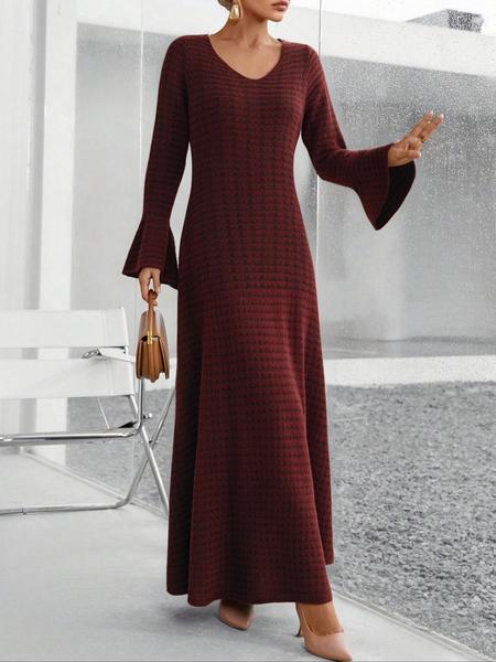 Women's Knit Elegant Commuter Dress, Fall & Winter Striped Round Neck Flare Sleeve Long Skirt, Loose Fit Sweater Dress (pattern Random)