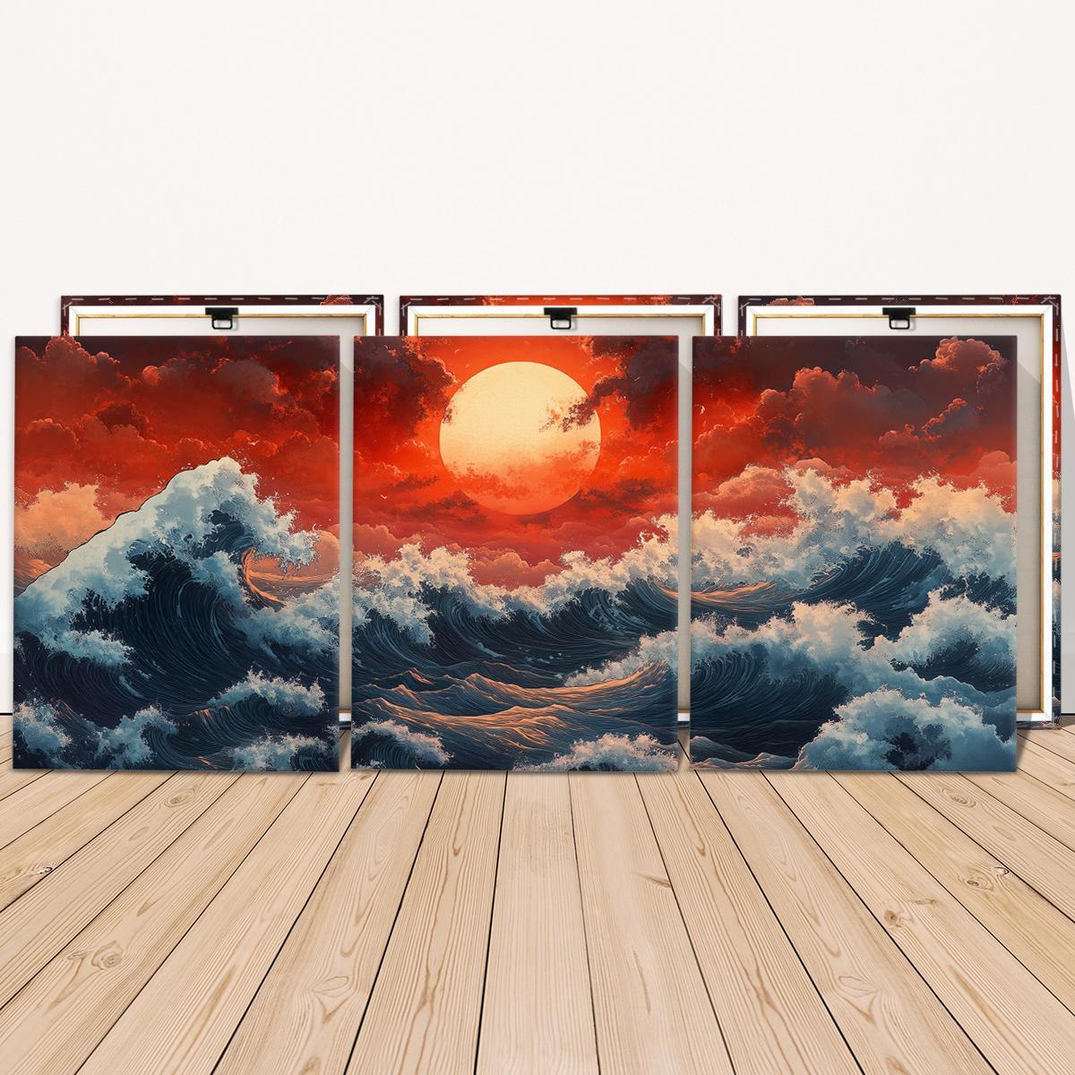 Wooden Framed Canvas Painting, Photo on Canvas, 3 Counts/set Ocean Wave Landscape Decoration, Natural Landscape Art, Perfect Living Room Decoration, Modern Art, Sunrise Print Pattern, Vibrant Print, Poster