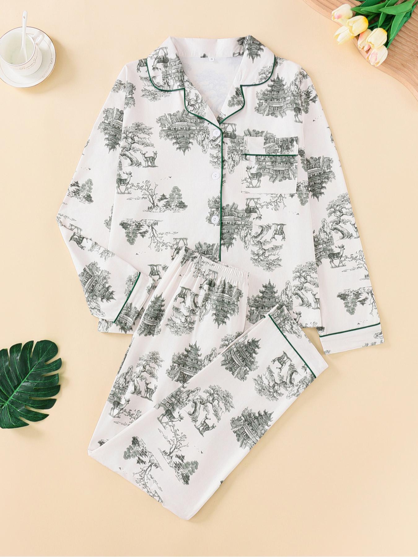 Women's 2-Piece All Over Print Button Front Pocket Lapel Shirt & Elastic Waist Pants Pyjama Set, Casual Comfy Long Sleeve Top & Trousers Matching Pj Set, Women's Sleepwear for Spring & Fall