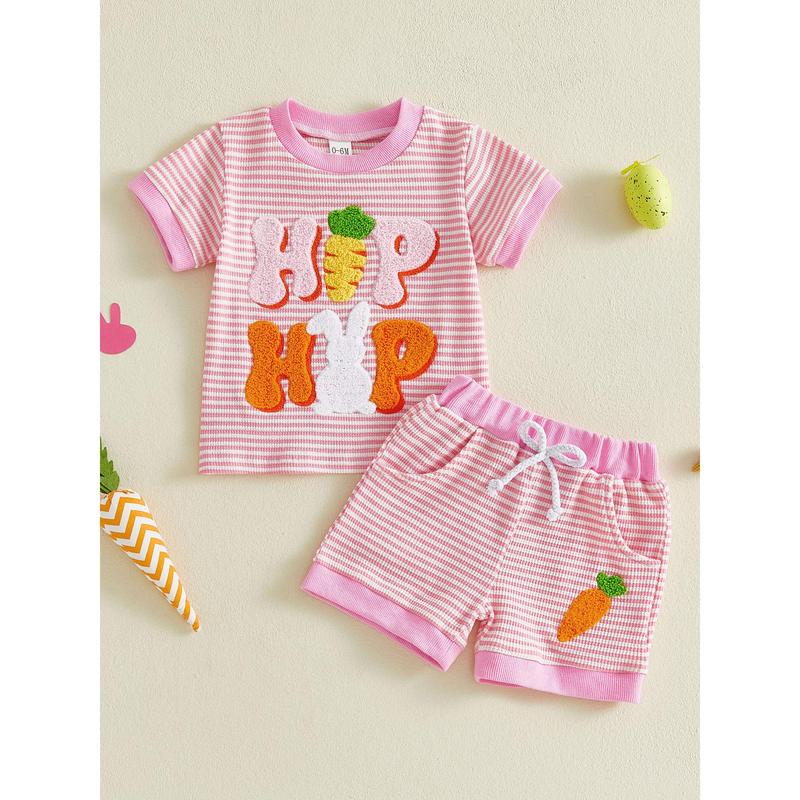 Toddler Baby Little Girl Easter Shorts Set Short Sleeve Carrot Bunny Letter Embroidery T-Shirt and Shorts Outfits 0-3 Years