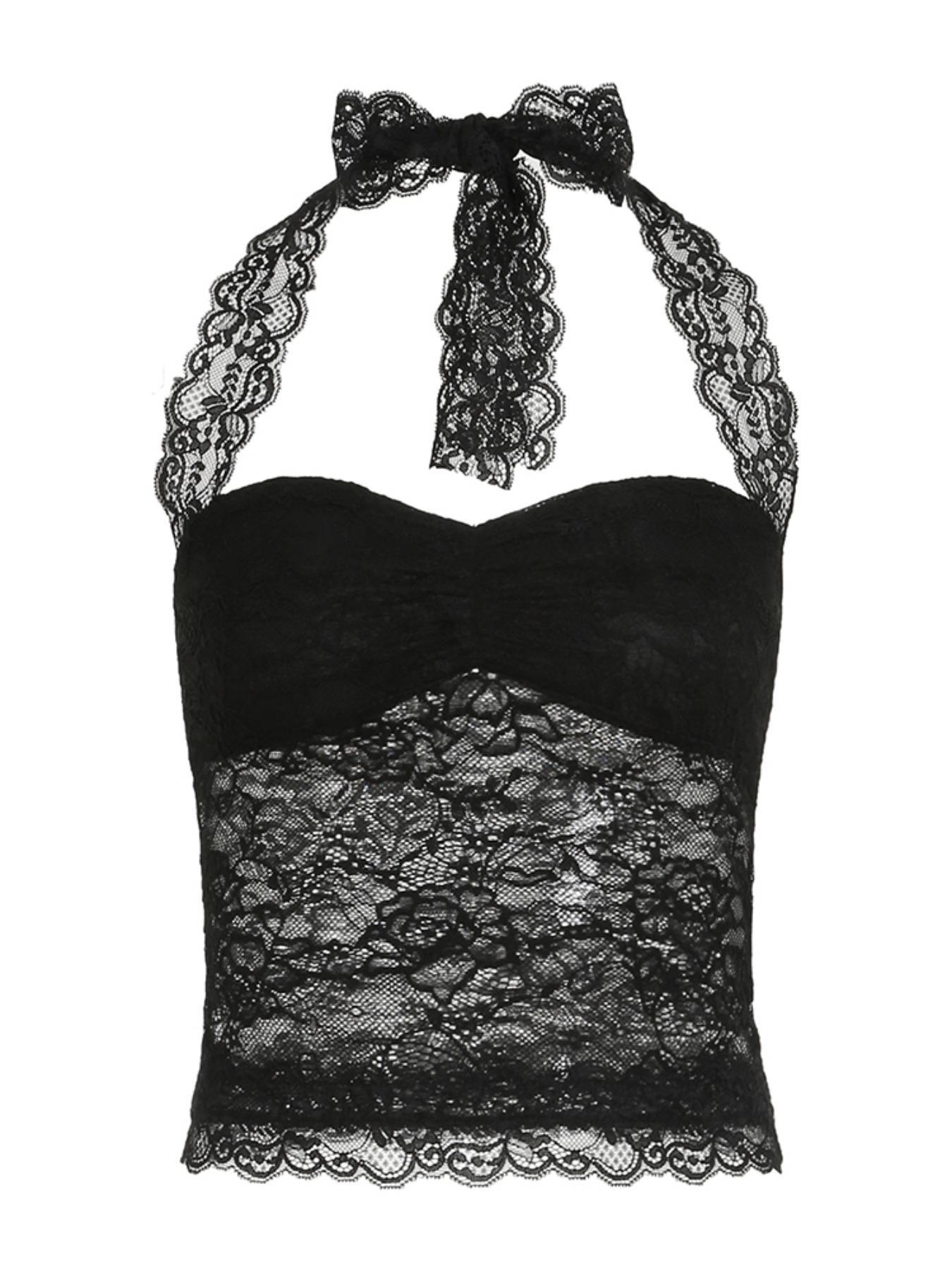 Women's Solid Lace Crop Halter Neck  Top, Y2k Fashion Casual Backless Sleeveless Top for Summer, Women's Clothing for Daily Wear, Womenswear